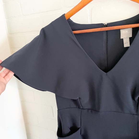 ASOS Midi dress Flounce Cape Angel Sleeve Pockets V neckline Navy blue Sz 10 - Picture 8 of 15